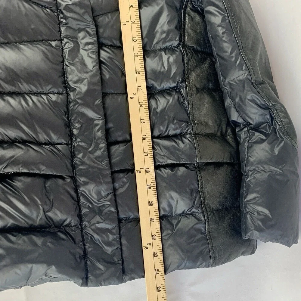 Womens Down Puffer Jacket Size Small Nylon Leather Hooded Black Chic Minimalist